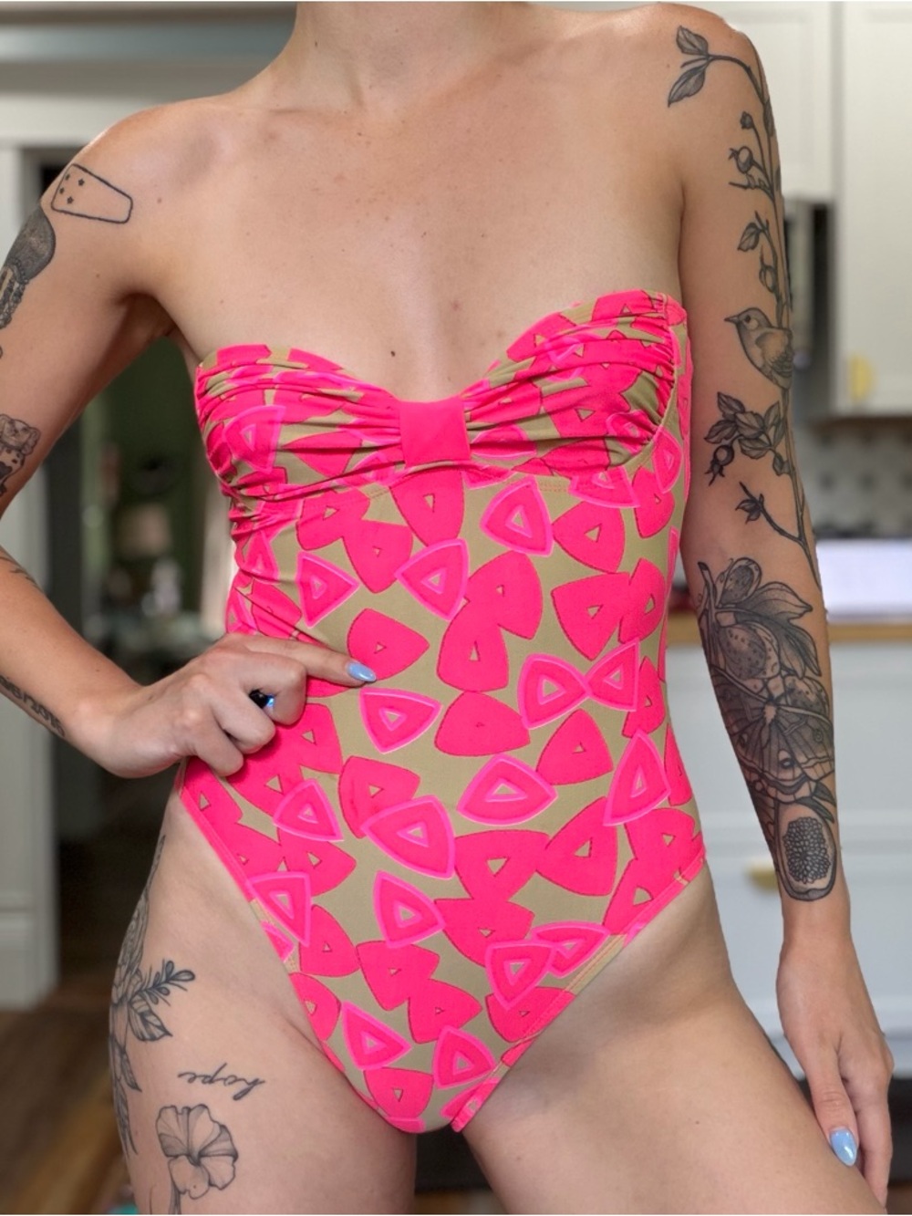 Vintage 80s Strapless Milkmaid Geometric High Cut One Piece Swimsuit